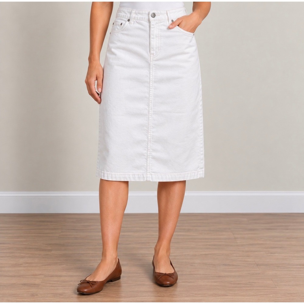 Talbots Denim Midi Skirt Size 6 White Good Stretch Cotton Blend 5-Pocket